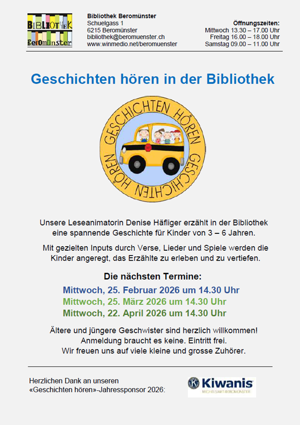 Geschichten Hören in der Bibliothek, Termine Geschichten Hören in der Bibliothek, Termine